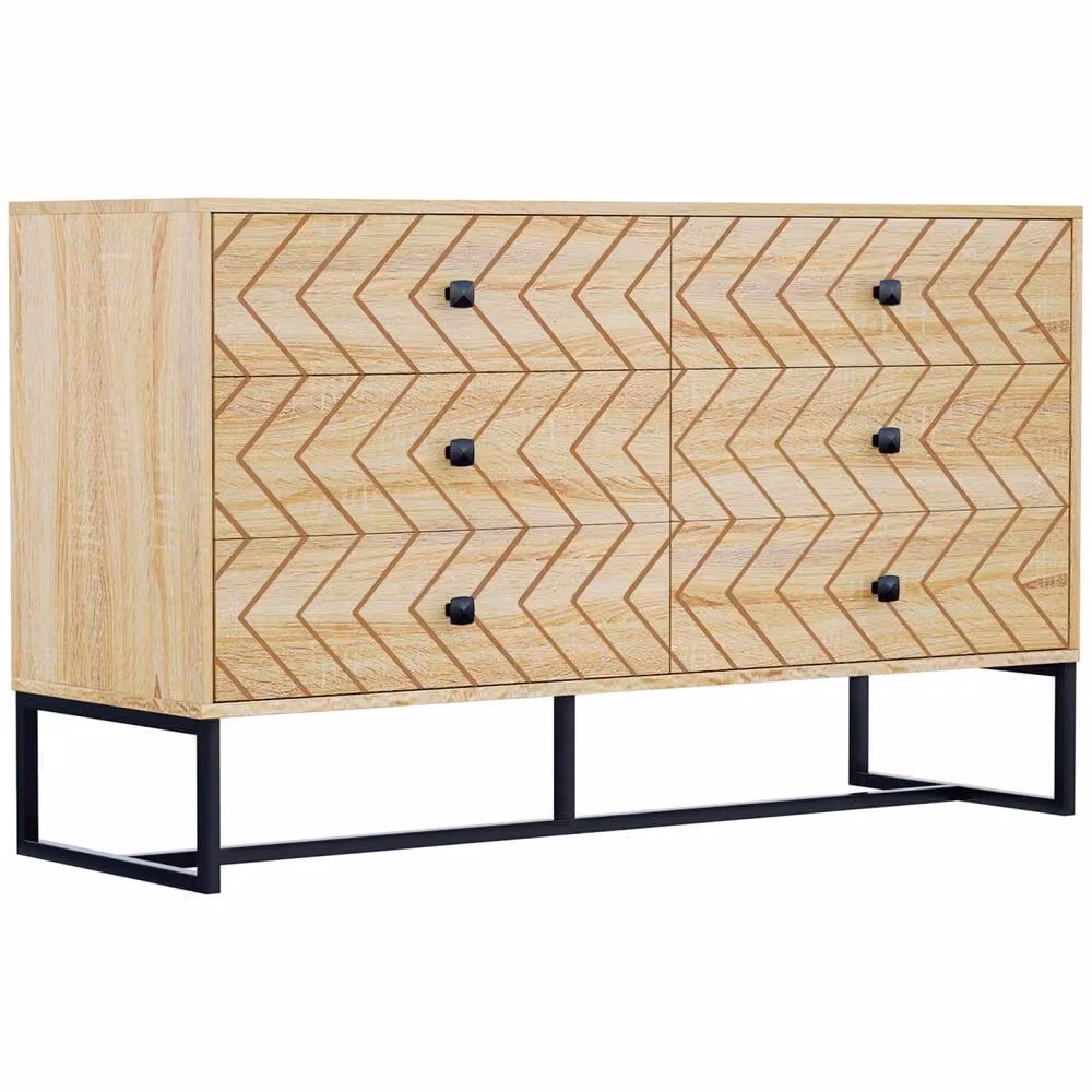 Wyld Haus Niel Natural Wood Chevron 6 Drawer Chest with Black Metal Legs – 2
