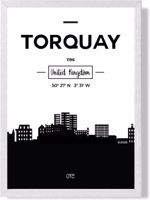 ARTZE Torquay Black and White City Skyline Framed Paper Poster with White Frame, A4