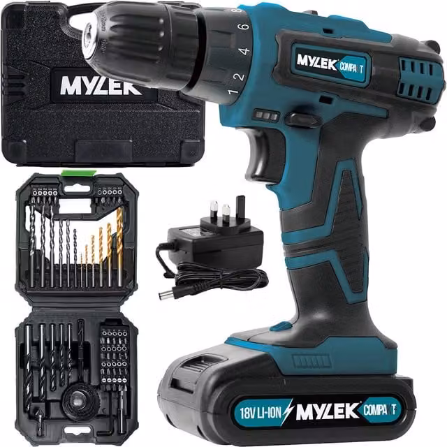 MYLEK 4ORCE Cordless Drill with 56 Piece Accessory Kit in Blue and Black