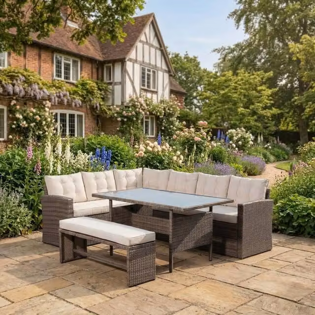 Rosewood & Stone Home Montacute Garden Dining Set with Corner Bench and Table in Cream and Brown