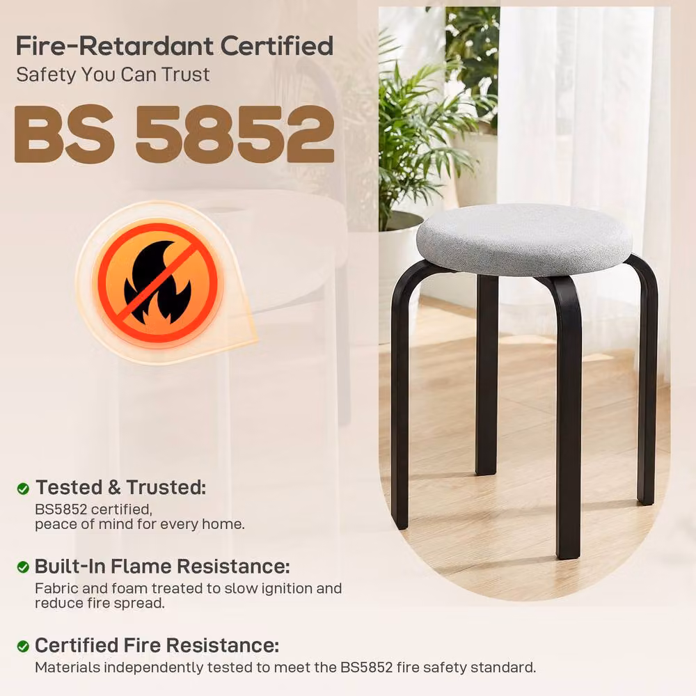 STILVORA Set of 4 Stackable Modern Stools with Grey Fabric Cushioned Seats and Metal Frames – 7