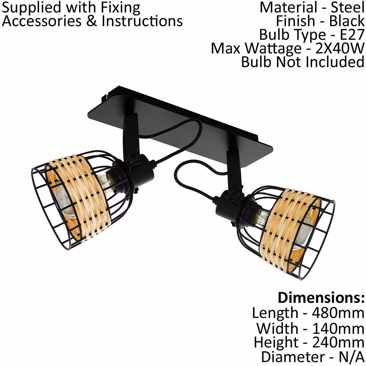 Loops Adjustable 2 Bulb Ceiling Spotlight with Black Rattan Shade, E27, Black and Beige – 2