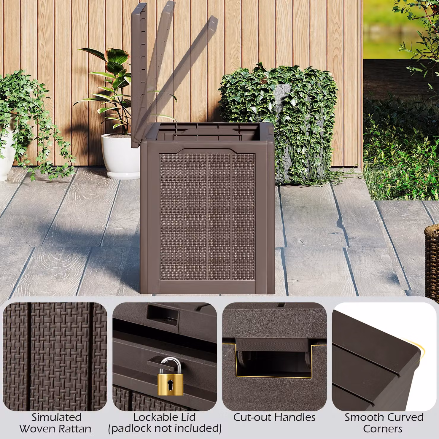 Costway 96L Outdoor Storage Deck Box with Lockable Lid in Brown – 9