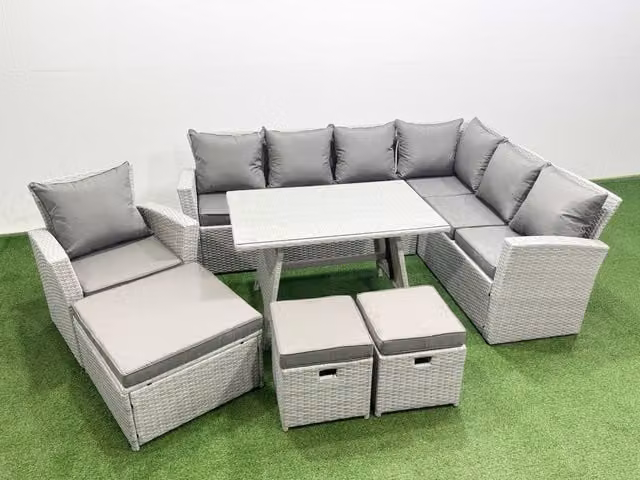 Fimous 10 Seater Outdoor Rattan Garden Furniture Set with Dining Table in Light Grey