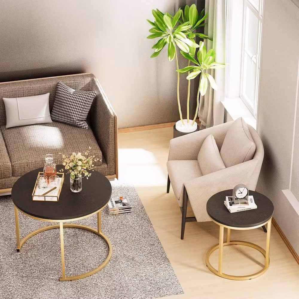 Huhote Set of 2 Round Nesting Side Tables with Matt Black Metal Frame – 4