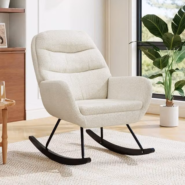 Komore Modern White Bouclé Fabric Upholstered Rocking Chair with Armrests
