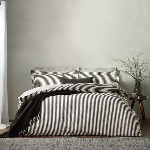Yard Hebden Reversible Striped 100% Cotton Duvet Cover and Pillowcase Set, Black, W/D/H: 180 x 200 cm