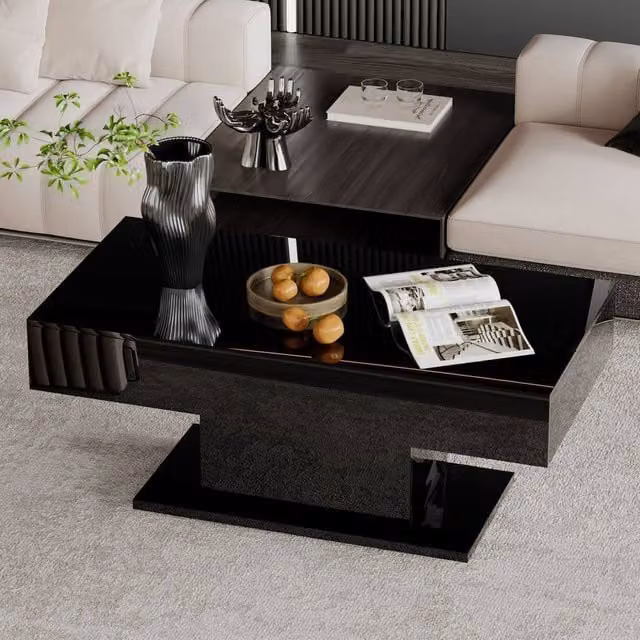 KEEPREAPER Modern High Glossy Coffee Table with 16 Colour LED Lights in Black – 1