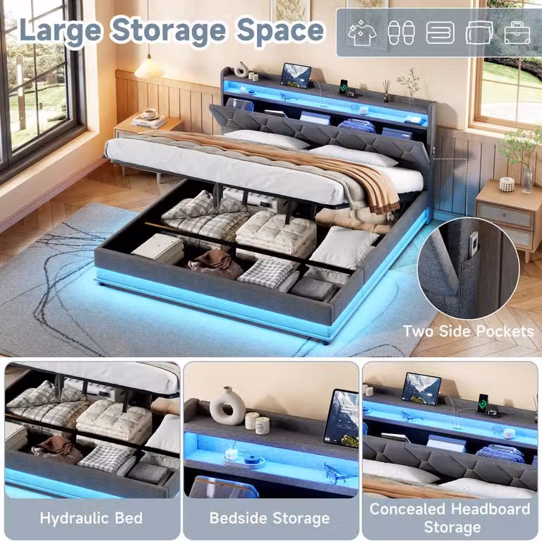 BTM Super King Upholstered Ottoman Bed Frame in Grey with LED Under-bed Lighting, USB Charging Port and Bedside Shelf, W/D/H: 180 x 200 x 111 cm