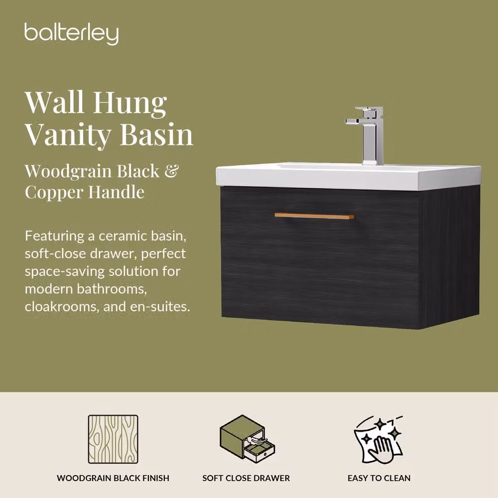Balterley 600mm Wall Hung 1 Drawer Vanity Unit in Matt Woodgrain Black with Black Copper Handle – 2