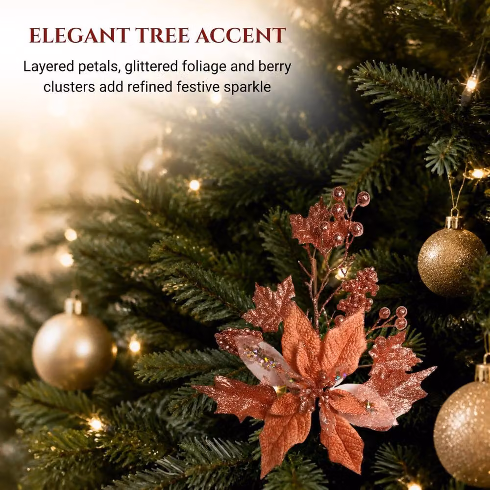 Shatchi Rose Gold Glitter Poinsettia and Berry Christmas Picks, 12 Pack, Height: 46 cm – 7