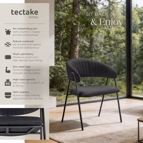tectake Bedano Set of 2 Dining Chairs in Black with Woven Fabric and Metal Legs – 4