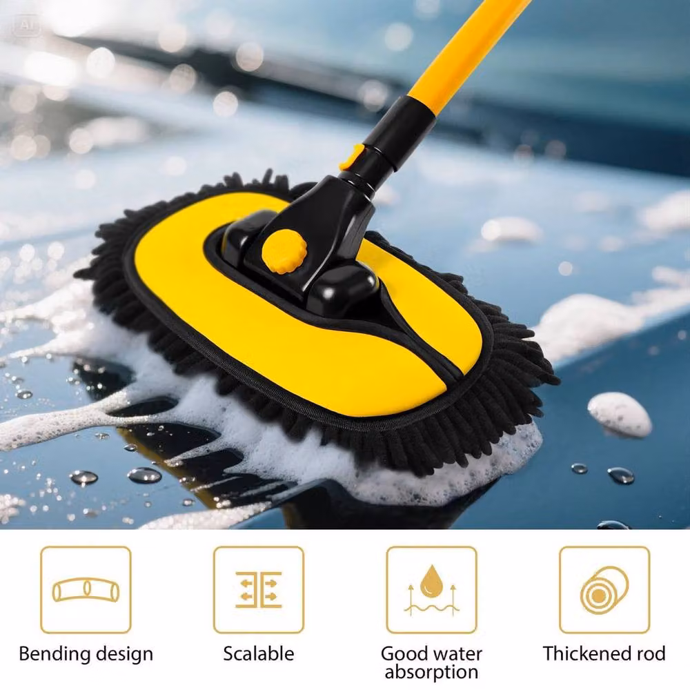 FLAVORA Yellow Car Wash Brush with Telescopic Handle and Microfibre Mop – 3