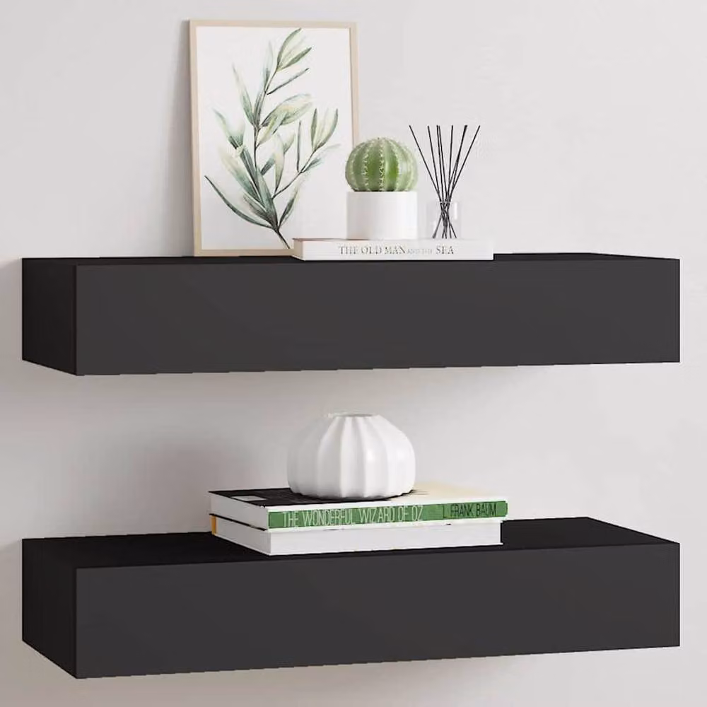 Berkfield Home Wall-mounted Drawer Shelves, 2 Piece Set in Black MDF and Metal, W: 60 cm, D: 23.5 cm, H: 10 cm – 2