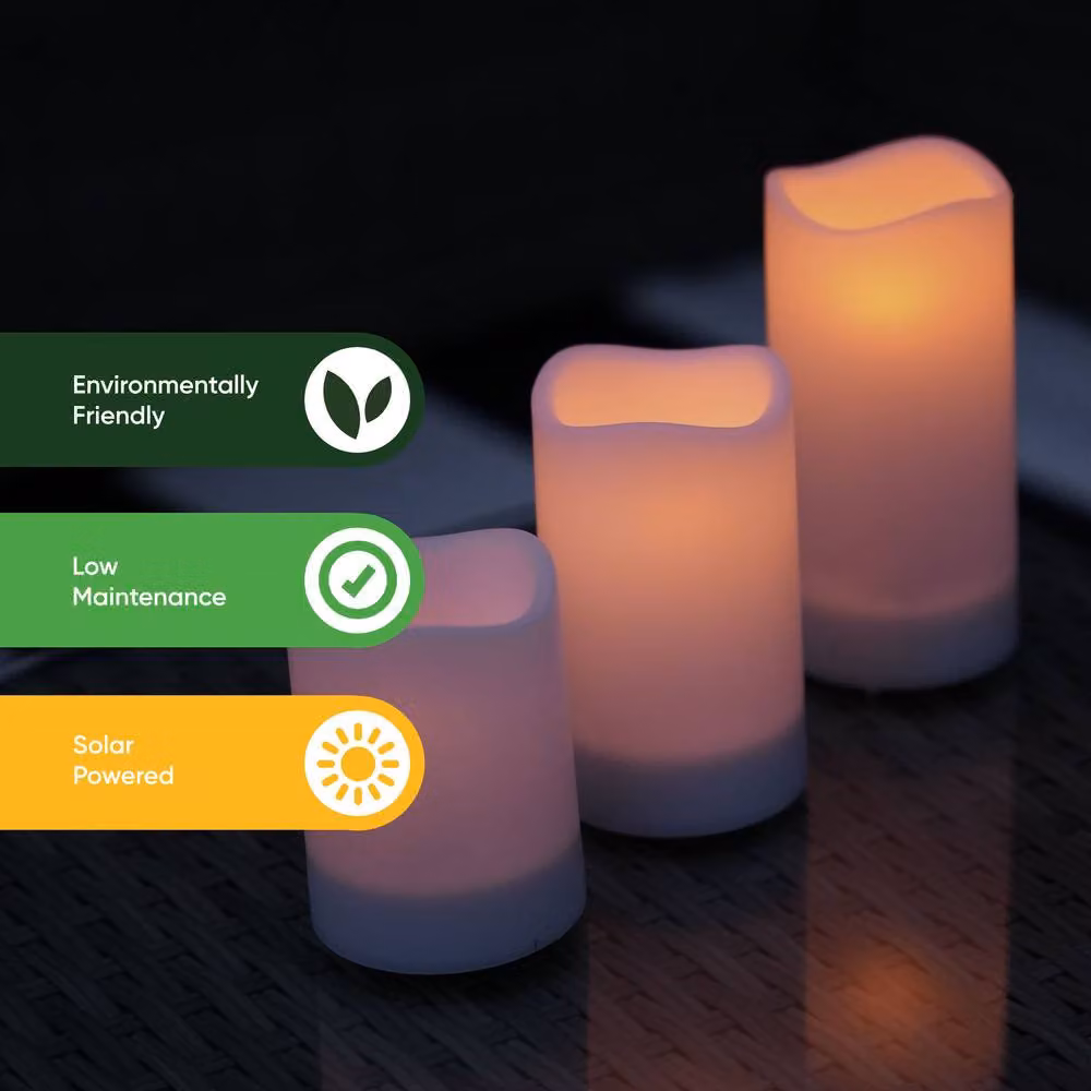 Gardenwize 3 Piece Solar Powered LED Pillar Candle Set in White with Flicker Effect, H 15 cm, H 12.5 cm, H 10 cm – 4