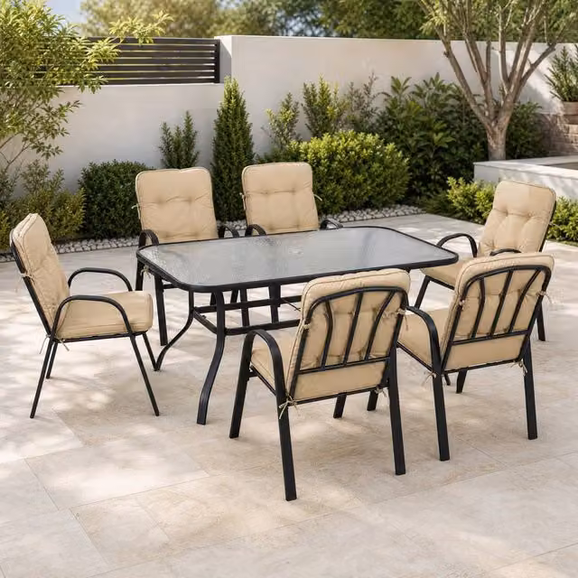 STILVORA 6-Seater Garden Dining Set with Beige Glass-Top Table and Metal Frame