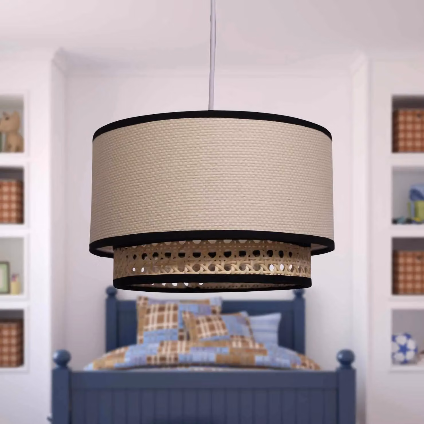 First Choice Lighting Koral Set of 2 Easy Fit Pendant Shades in Natural Rattan and Beige, Diameter: 25 cm – 3