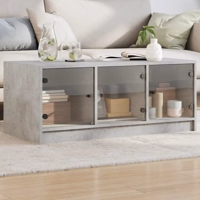 Berkfield Home Modern Coffee Table with Glass Doors in Concrete Grey, W: 102 cm, D: 50 cm, H: 42 cm – 1