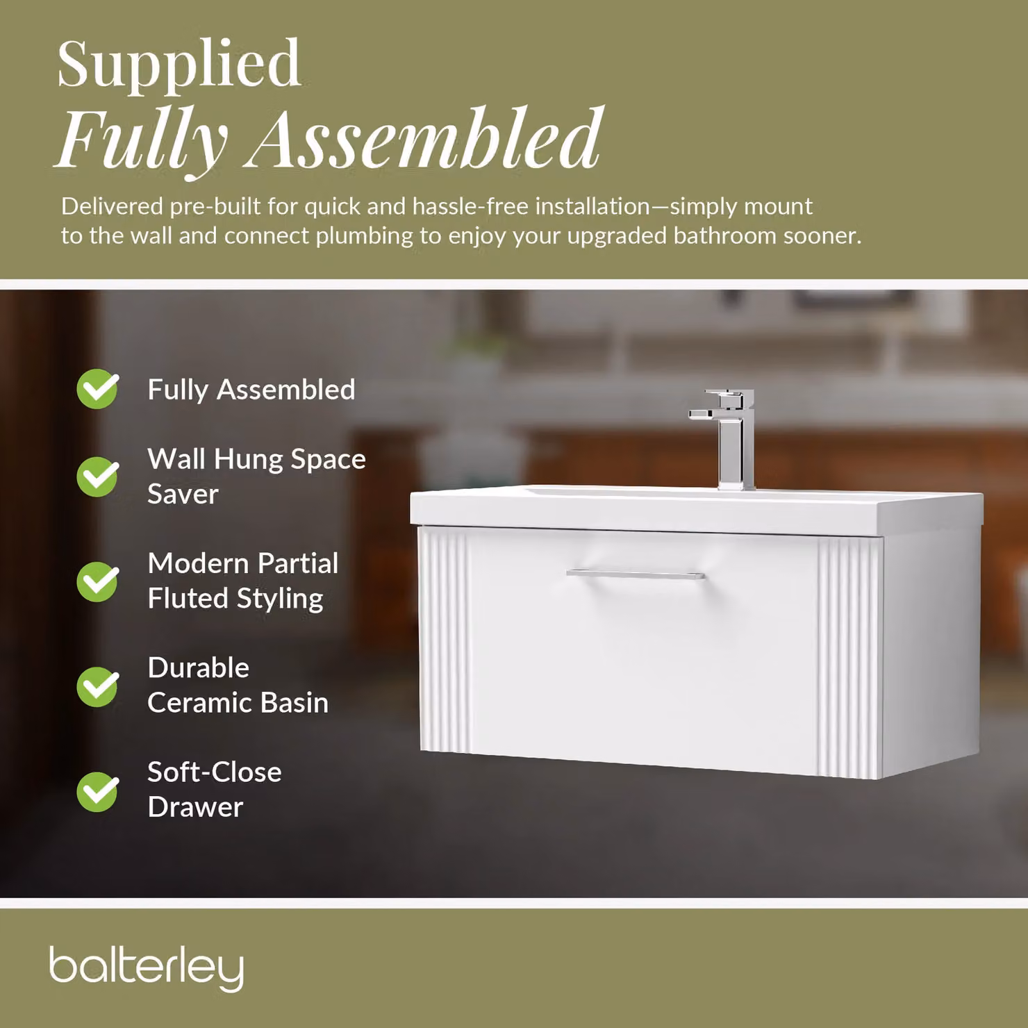 Balterley Wall Hung 1 Drawer Vanity Unit with Mid-Edge Basin, Satin White, Width: 80 cm – 3