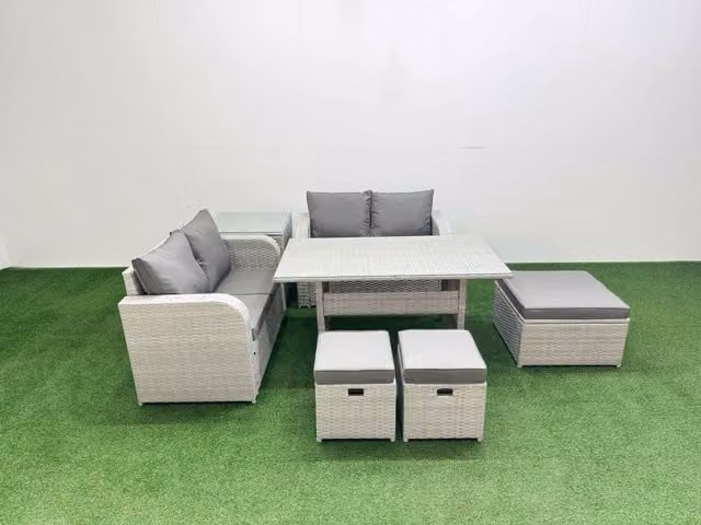 Fimous 7 Seater Rattan Garden Furniture Set with Rectangular Dining Table and 3 Footstools in Light Grey