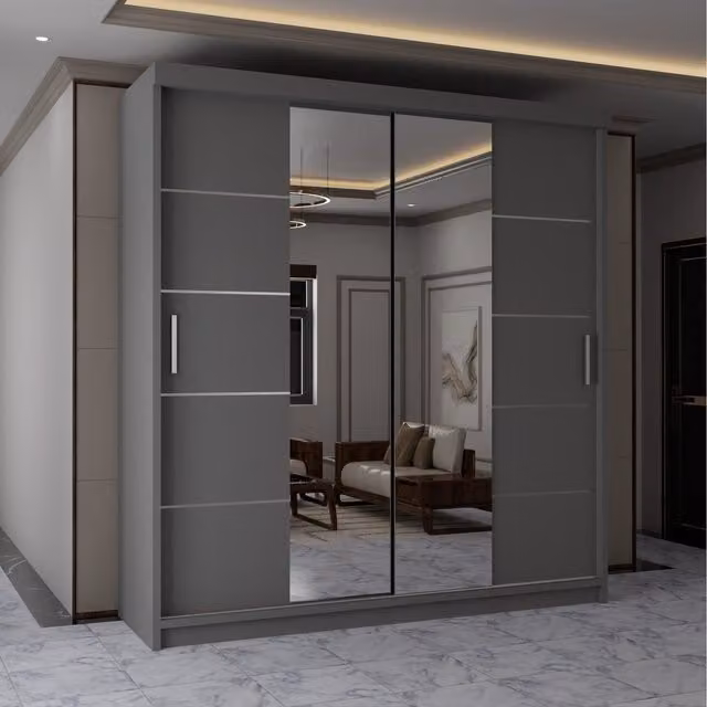 Leeds Sliding Door Wardrobe in Grey with Mirror and Glass Doors, Width: 150 cm