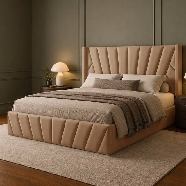 Desire Deco Novada Wingback Storage Bed in Beige Plush Velvet, King Size – 1