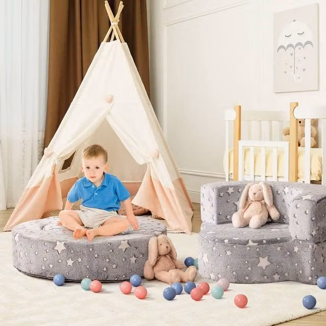 Costway Glow-in-the-Dark Kids 2-in-1 Toddler Sofa and Game Mat with Washable Grey Cover