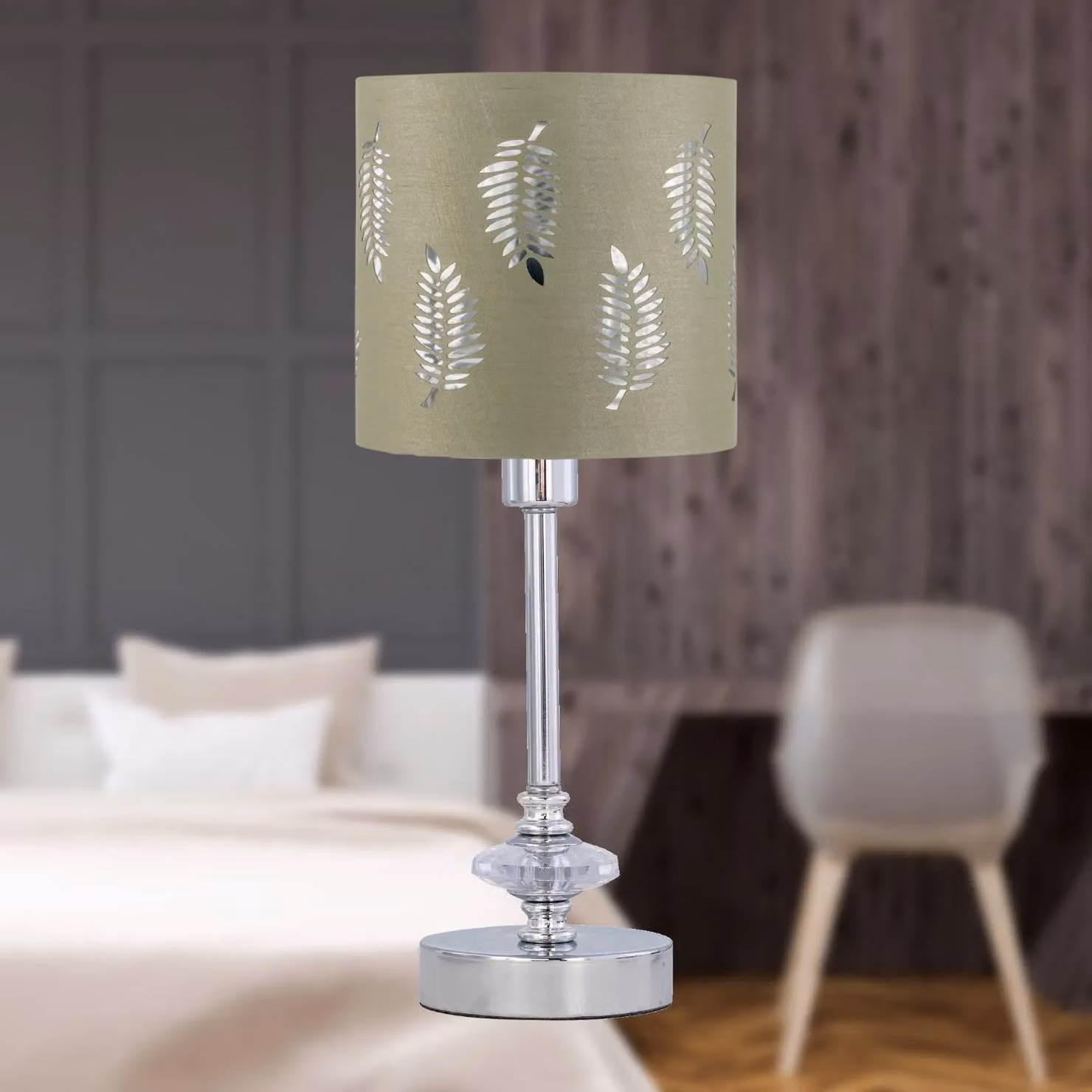 First Choice Lighting Chrome Jewelled Table Lamp with Sage Green Fabric Cylinder Shade – 4