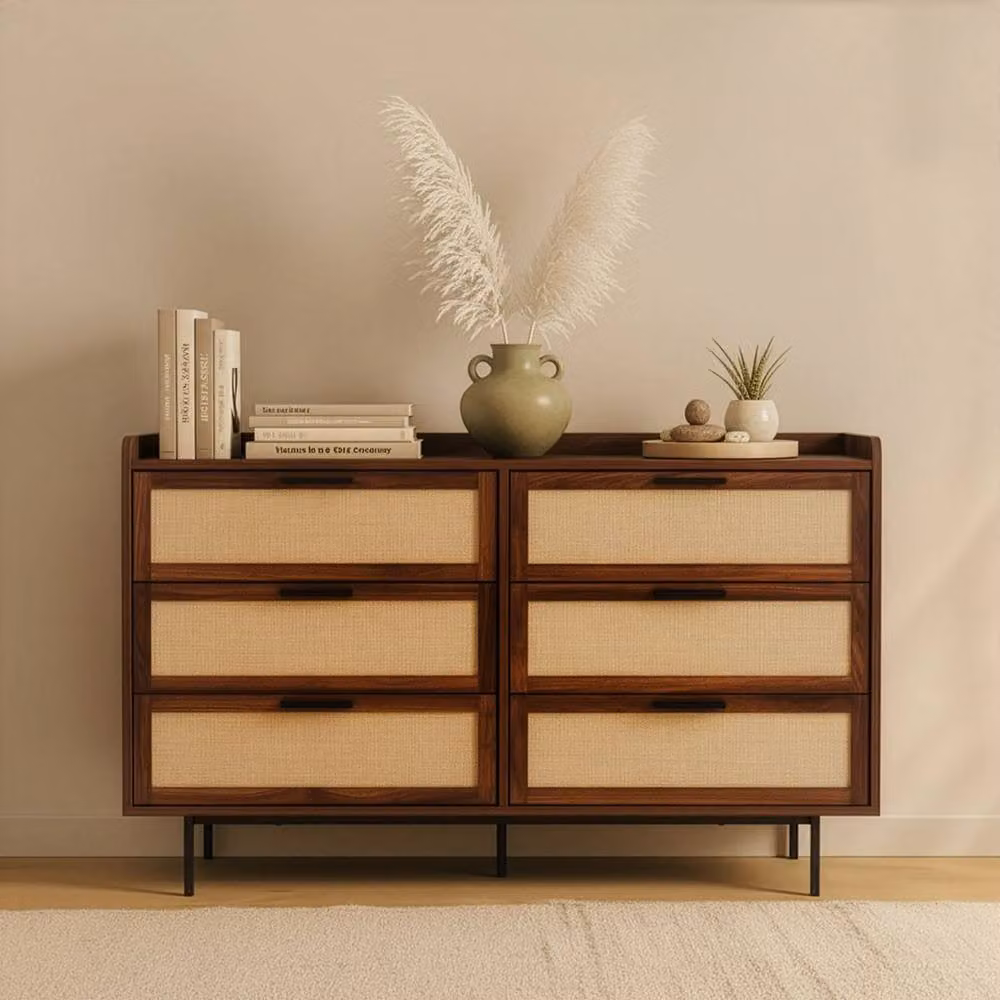 CALICOSY Jetson 6-Drawer Walnut Chest with Fabric Fronts in Dark Brown, Width: 120 cm – 2