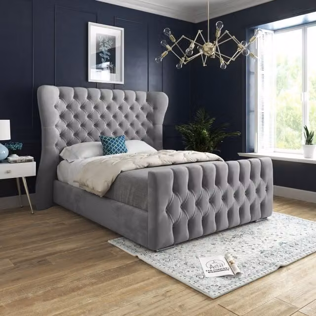 Lika Soft Velvet Upholstered Wide Curved Winged Bed Frame in Grey, Superking (200 x 200 cm)