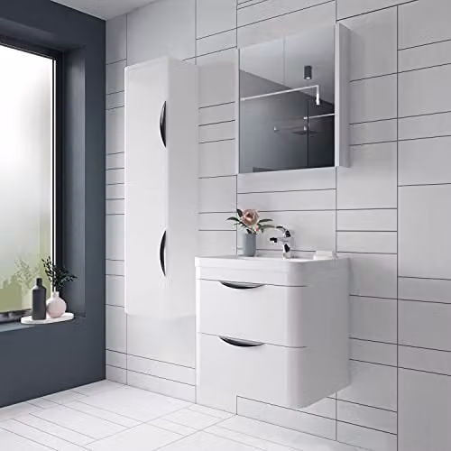 nuie Parade Modern Wall Hung Bathroom Vanity Storage Unit with Ceramic Basin and 2 Drawers, Gloss White, W: 80 cm, D: 45 cm, H: 54 cm – 1