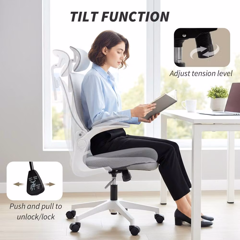 Rolipo Ergonomic Office Chair with 2D Headrest and Foldable Backrest in Light Grey – 4