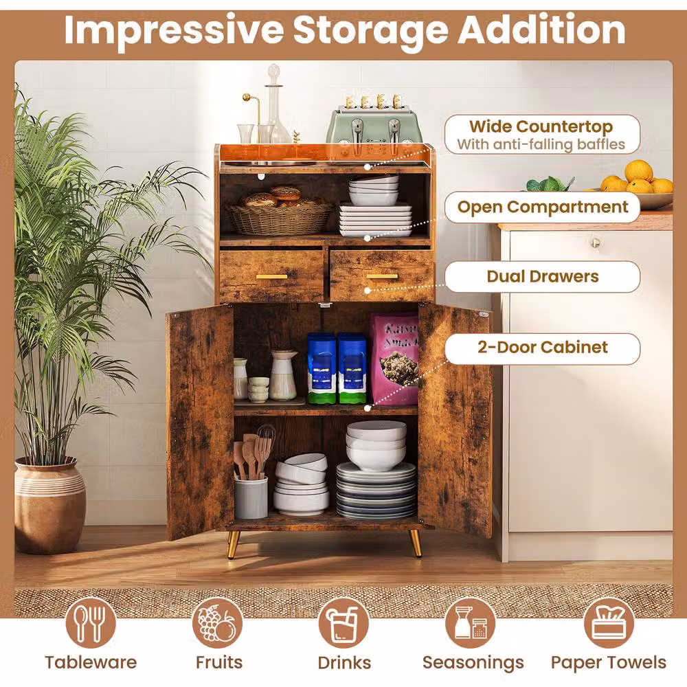 Costway Kitchen Pantry Storage Hutch Cupboard in Brown with Hinged Doors and Internal Shelves – 4