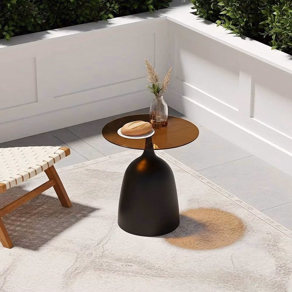 KORVIXA Modern Round Side Table with Brown and Black Tray Top and Glass Base – 2