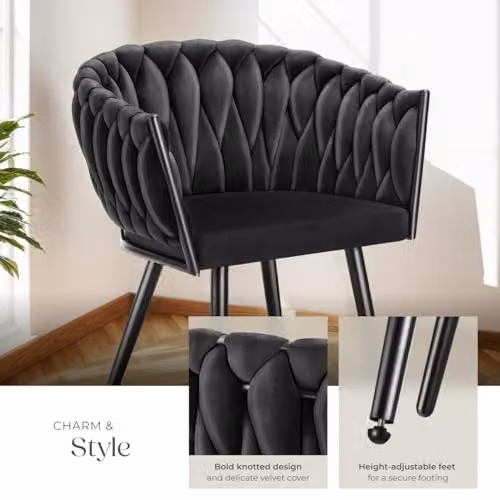 tectake Set of 6 Astano Dining Chairs in Black Velvet with Metal Legs and Knot Design – 5