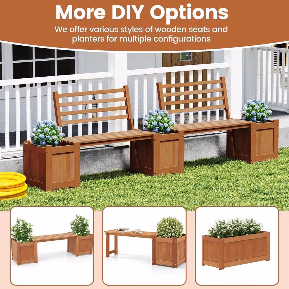 Kelvenix Rustic Oiled Wooden Planter Box with Bench and Backrest in Brown – 4