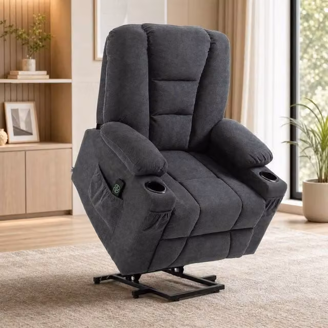 STILVORA Grey Fabric Riser Recliner Armchair with Footrest, Cup Holders and Powered Lift Assist – 1