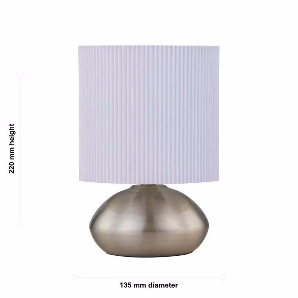 First Choice Lighting Jenson Set of 2 Brushed Chrome Touch Table Lamps with White Pleated Fabric Shades – 2