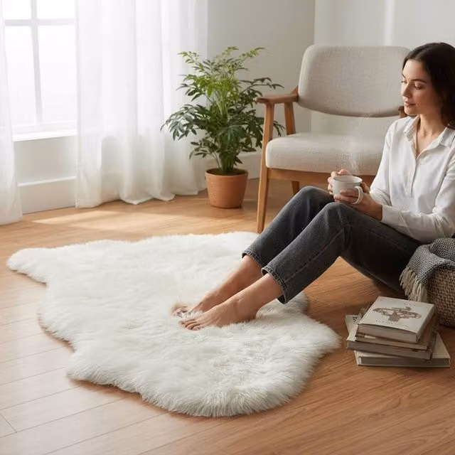 Infinity Leather Single Natural Wool Sheepskin Rug in White, W/D: 90 x 60 cm – 1