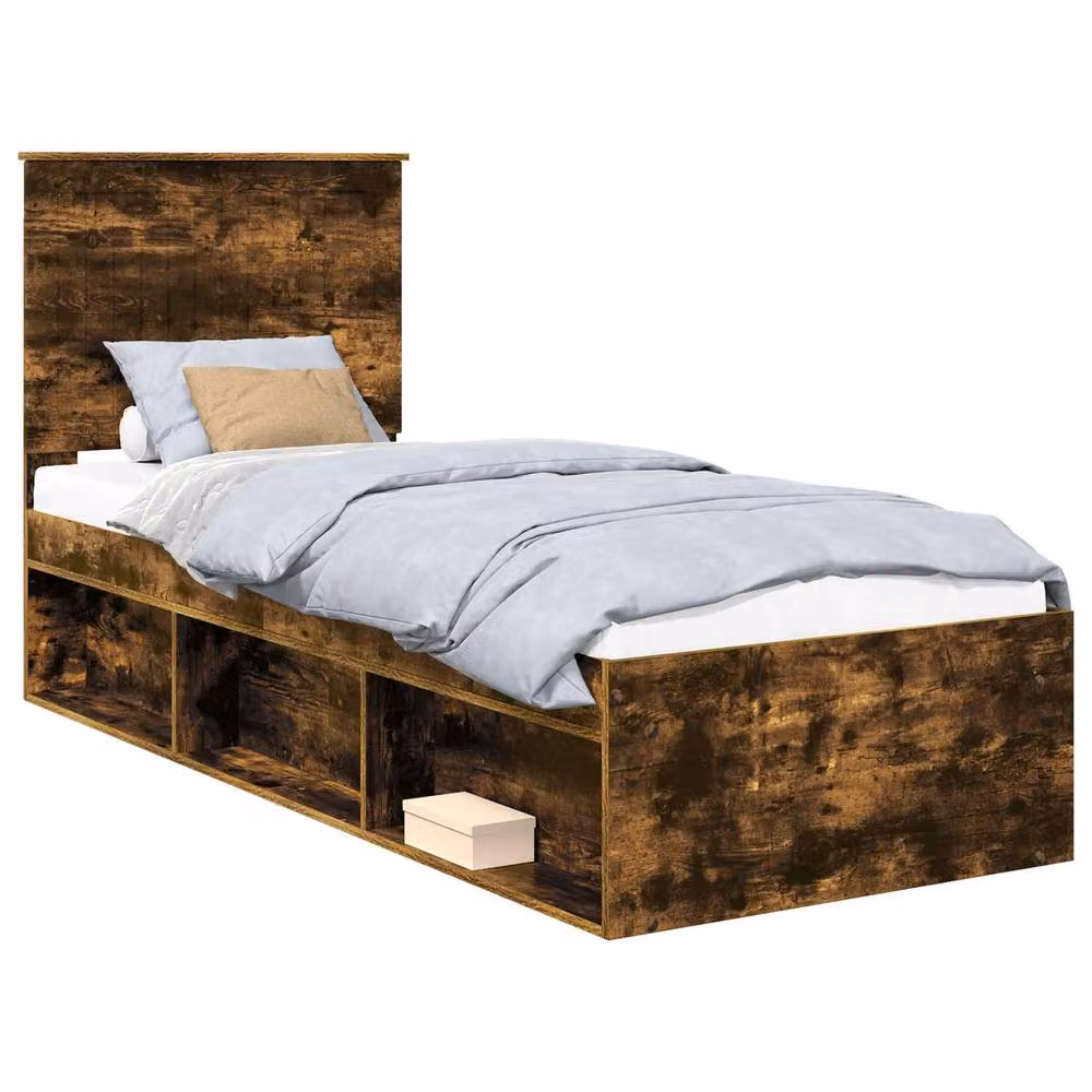 Berkfield Home Smoked Oak Bed Frame with Headboard in Brown, Solid Pine and Engineered Wood, W: 75 cm, L: 190 cm – 2