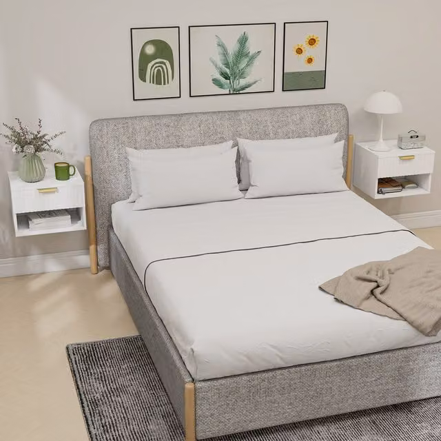 HOMCOM Set of 2 Modern Wall-Mounted Floating Nightstands in White and Gold
