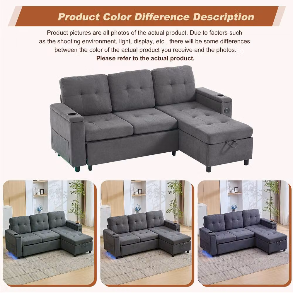 Tokpiedi 3-Seater L-Shaped Corner Sofa Bed with LED Lighting and Storage in Dark Grey Fabric – 4