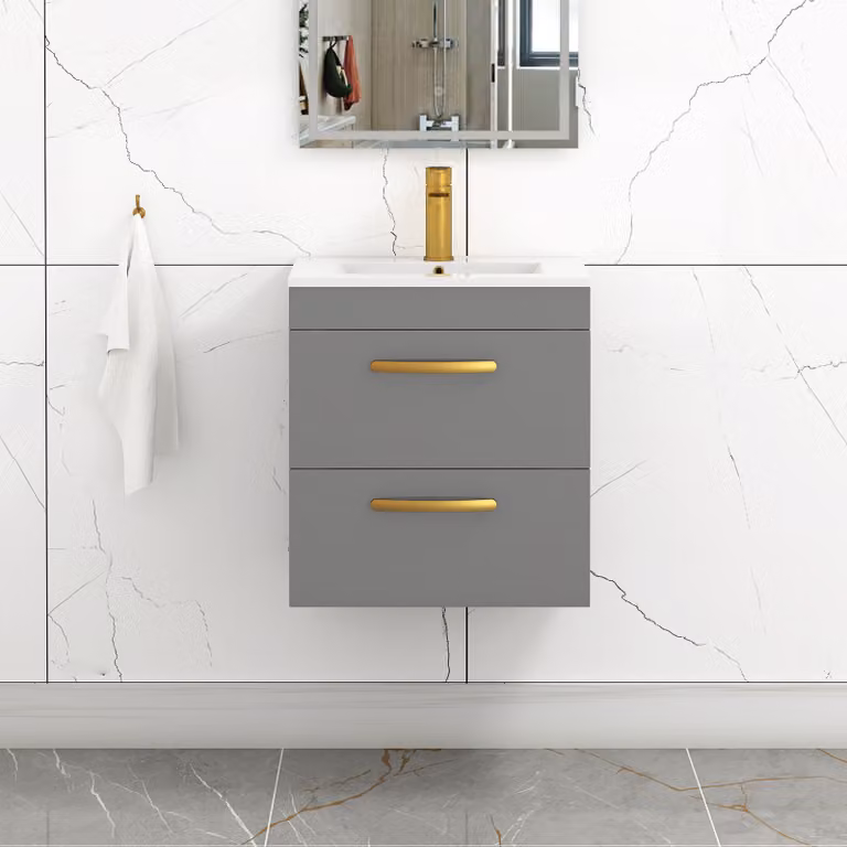 Royal Bathrooms Turin Wall Hung Vanity Unit in Indigo Grey Gloss with 2 Drawers and Brushed Brass Handles
