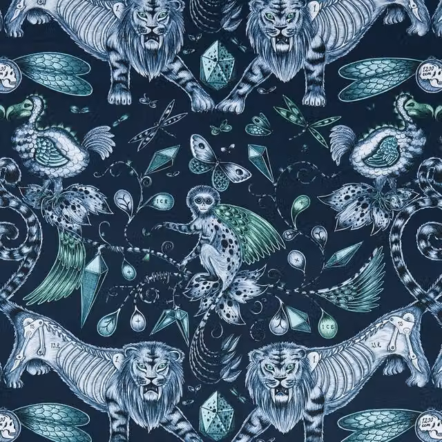 Clarke & Clarke Emma Shipley Extinct Navy Blue Cotton Fabric with Animal Graphic Design