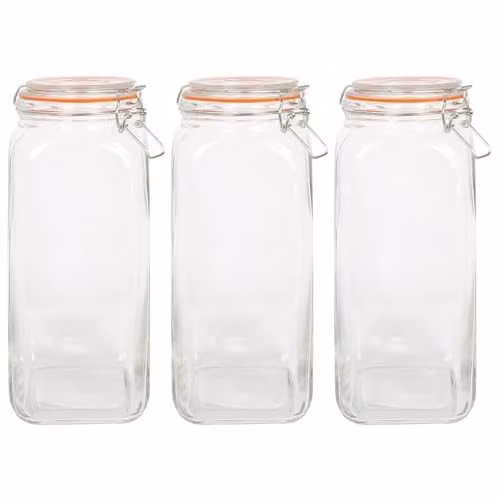 Argon Tableware Pack of 3 Transparent Square Glass Jars with Clip-Top Lids, 2L – 1