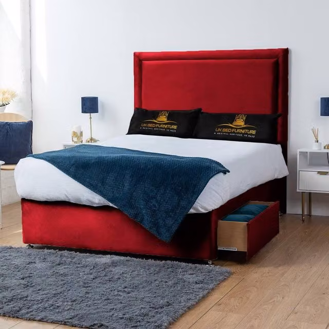 UK Bed Furniture Ascot Divan Bed with 4 Drawers and 26 Inch Headboard, Red Velvet, W/D/H: 180 x 200 cm