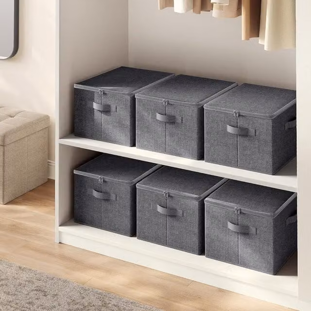 SONGMICS Set of 6 Foldable Storage Bins with Lids and Handles, Grey