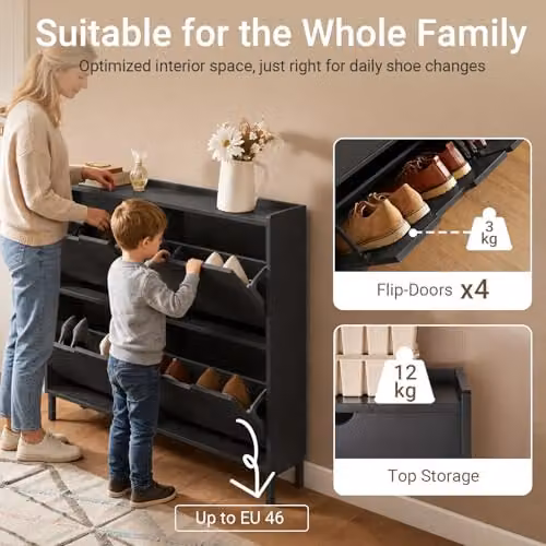SoBuy Modern Slim Shoe Storage Cabinet with Tilting Compartments in Black or Grey, W: 100 cm, H: 91 cm, D: 19 cm – 4