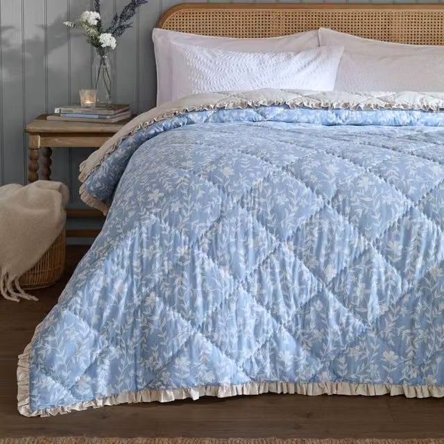 Wylder Amelia Blue Floral Quilted Cotton Bedspread with Ruffled Valance