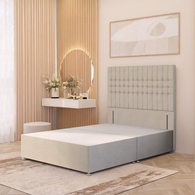 Somnior Beds Ltd Lexington Upholstered Divan Bed Base with Floor Standing Headboard in Beige and Yellow Fabric, W/D/H: 140 x 200 cm